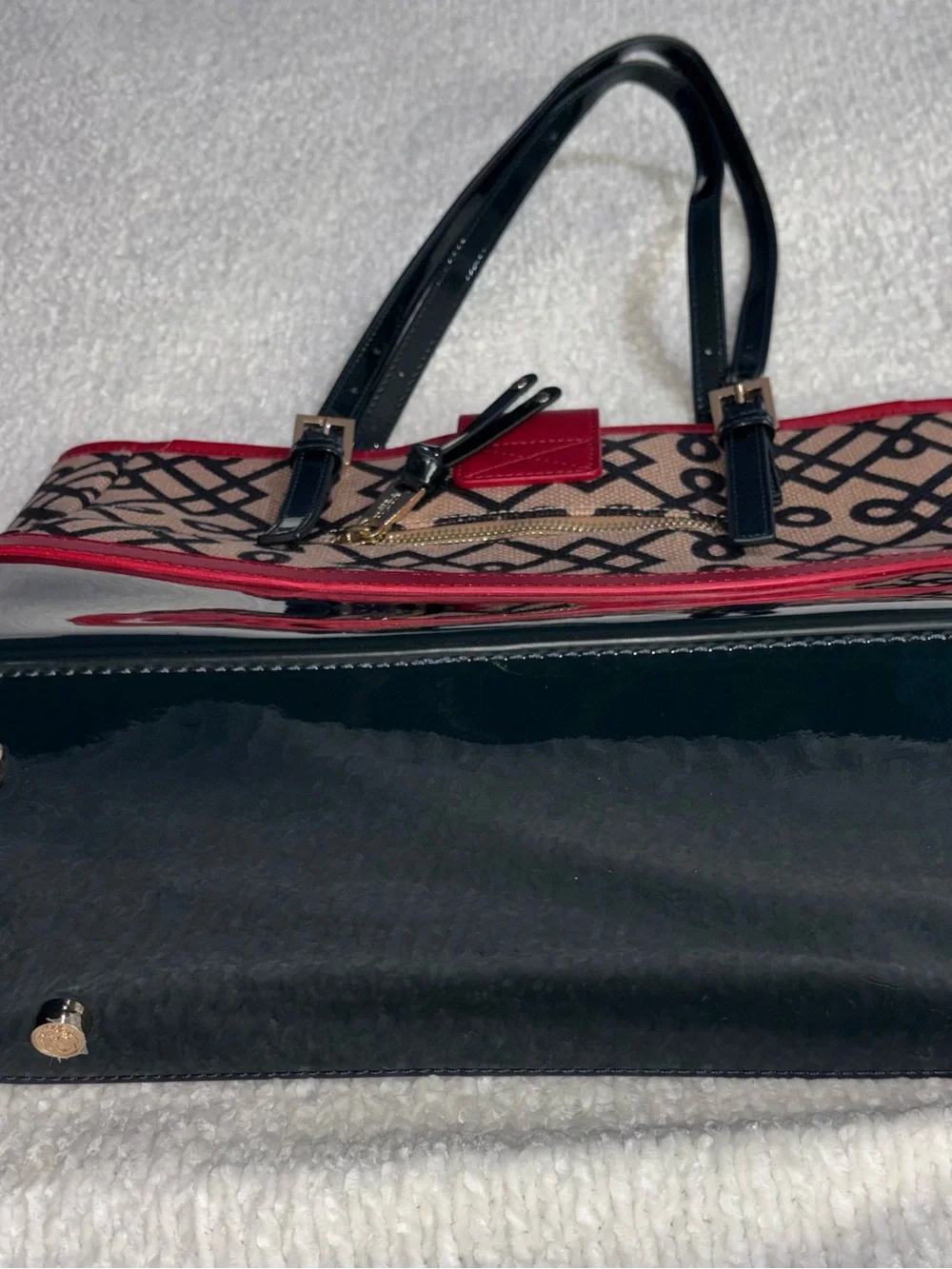 Spartina 449 Black and Burgundy Pattern Tote with Geometric Print